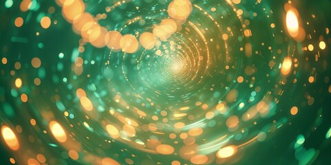 Poster - Light particles swirl in a mesmerizing green tunnel with golden accents in an abstract artistic representation