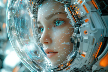 Poster - A young woman's face is visible within a futuristic helmet displaying digital data.