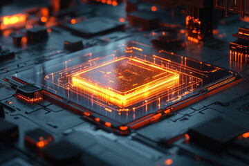 Poster - A glowing central processing unit (CPU) is showcased on a circuit board, highlighting advanced technology and intricate design.