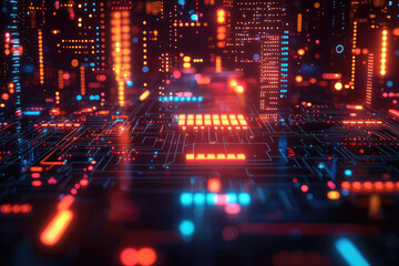 Poster - Abstract digital cityscape with glowing circuit board, representing futuristic technology and data flow.