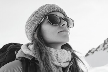Wall Mural - Woman in snow with hat and sunglasses