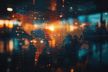 Poster - Global network connection visualized as a world map with illuminated dots representing data flow and interconnectedness.