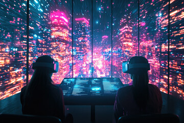 Aufkleber - Two individuals don VR headsets, experiencing a vibrant, futuristic cityscape projected on a large screen.