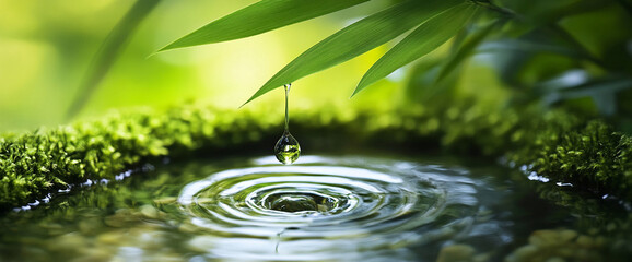 Poster - water droplet falling onto a calm pool, surrounded by lush green moss and leaves, representing purit