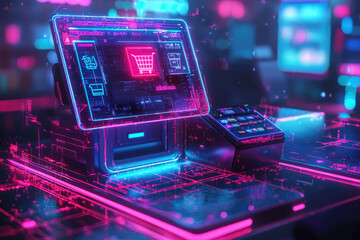 Poster - Futuristic neon-lit POS system with digital shopping cart interface; modern retail technology.