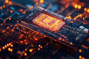 Poster - Credit card chip on circuit board, showcasing digital finance and technology.