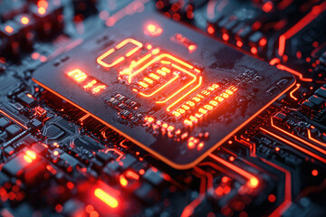 Poster - Close-up of a computer processor, glowing orange, showcasing intricate circuitry and technological advancement.