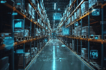 Poster - Smart warehouse with digital overlay showing inventory management, automation, and data analytics.