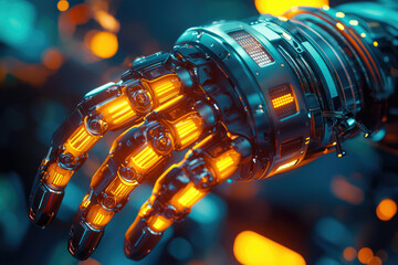 Poster - A close-up of a futuristic robotic hand, glowing orange, showcasing intricate mechanical details.