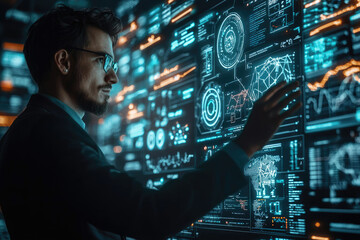 Poster - A man interacts with a futuristic, data-rich holographic interface, analyzing complex information.