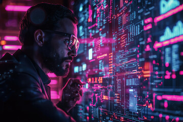 Poster - A man analyzes complex data streams visualized on a futuristic digital interface, illuminated in vibrant neon colors.