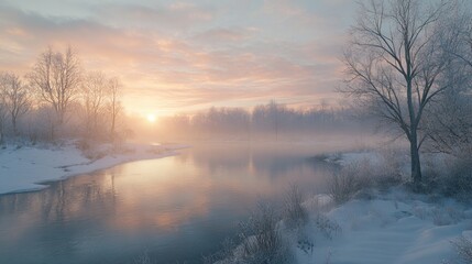 Wall Mural - snowy forest with river