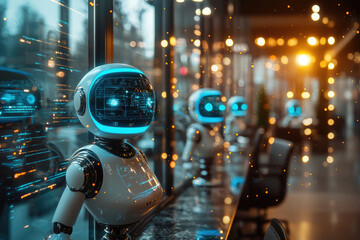 Poster - Futuristic robots with digital interfaces stand in a modern office setting, showcasing technological advancements.
