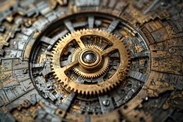 Aufkleber - Intricate steampunk-inspired clockwork mechanism with gold and silver gears, detailed textures and engraved maps.