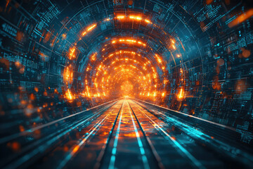 Poster - A digital tunnel glowing with orange and blue light, representing data flow and technological advancement.