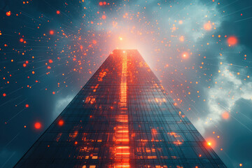 Poster - A futuristic skyscraper glows brightly, surrounded by a mesmerizing display of red lights streaking across the night sky.