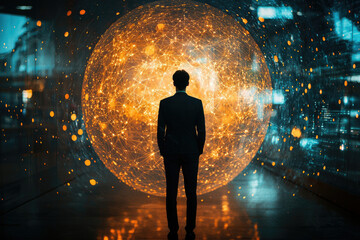 Poster - A man stands before a glowing orb, representing global interconnectedness and the digital age.