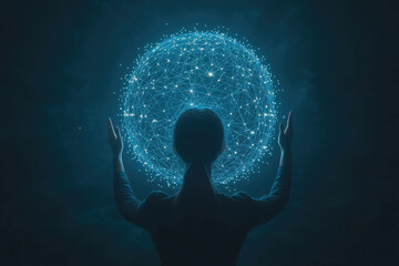 Poster - A person interacts with a glowing orb representing global interconnectedness and network visualization.