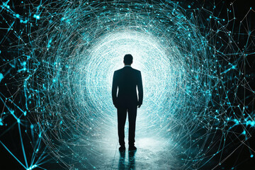 Poster - A businessman stands before a swirling vortex of interconnected lines, symbolizing the complexities of the digital world and future opportunities.