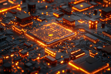 Poster - Close-up of a glowing circuit board showcasing intricate electronic components and pathways.