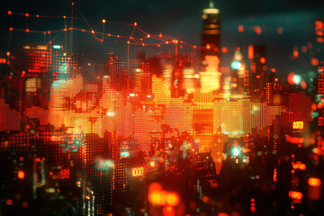 Poster - A futuristic city skyline overlaid with a glowing world map, illustrating global interconnectedness and digital transformation.