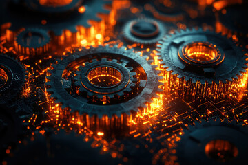 Poster - Intricate gears glowing orange, interlocked on a circuit board, representing complex machinery and technology.