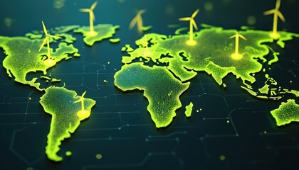 Poster - global climate tech innovations visualized as network of green energy wind turbine sources linked ac