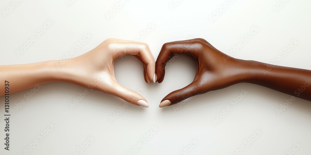 Hands of different skin tones forming a heart shape symbolize unity and ...