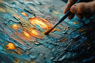 Aufkleber - A close-up of an artist's hand applying vibrant, textured oil paints to a canvas.