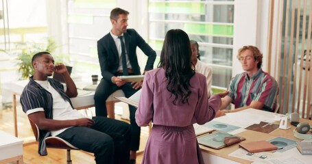 Poster - Education, professor and group of students in office for discussion on college exam schedule. Scholarship, university and back of woman with lecturer mentor for studying tips with test questions.