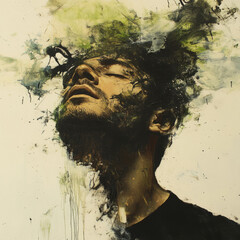 Aufkleber - Abstract portrait of a man, his head dissolving into a vibrant explosion of colors and textures.