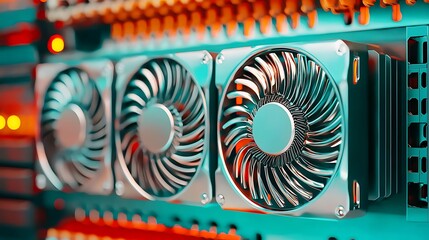 Poster - Close-up view of three cooling fans in a high-performance computer setup with vibrant lighting