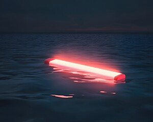 Poster - A glowing red light floating on calm water, creating a serene and mysterious atmosphere.