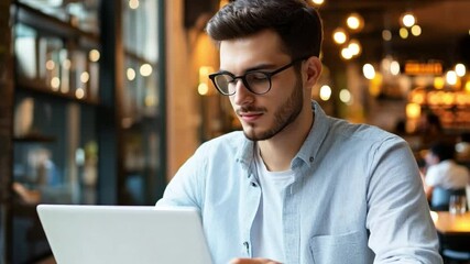 Poster - Focused at Cafe: A young man, engrossed in his work on a laptop, sits in a cozy cafe setting, surrounded by soft, blurred lighting, creating an atmosphere of focus and productivity.