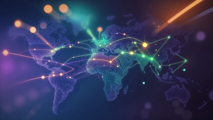 Poster - Global network connections illustrated with vibrant lights over a world map representing digital communication technologies