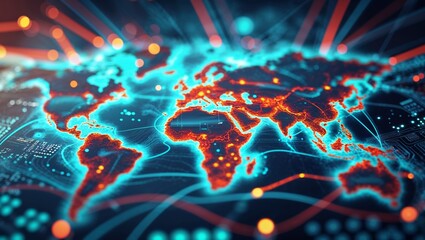Poster - Visual representation of a digital world map illuminated with neon colors and data connections