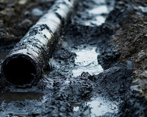 Poster - Black pipe lies in dark mud, showcasing texture and environmental impact, representing pollution or industrial accidents