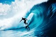 © Gatherina - Surfer riding big blue ocean wave under cloudy sky