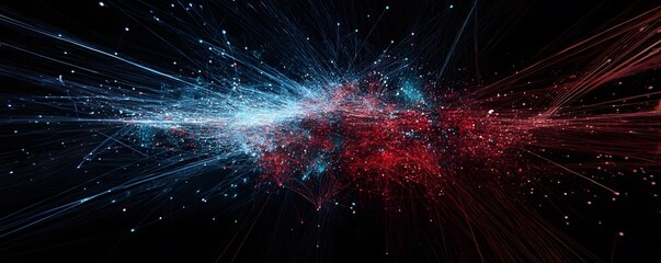 Poster - Abstract cosmic design with vibrant blue and red light particles on a dark background.