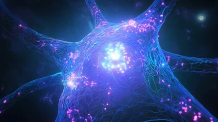 Poster - Neuroscopic Symphony: An illuminated neuron pulses with electric energy, showcasing the microscopic beauty and intricate complexity of the brain's fundamental building block.