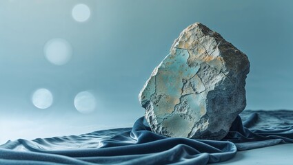 Poster - Unique textured rock resting on a deep blue fabric with soft light reflections creating a tranquil atmosphere