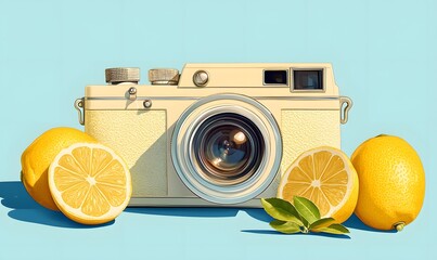 Poster - Retro Camera and Lemon Still Life with Vibrant Colors on Pastel Background