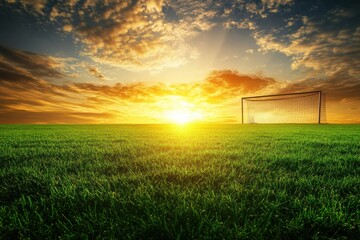 Poster - Golden sunrise over a soccer field with long shadows and serene cloud patterns Generative AI