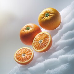 Poster - Fresh oranges displayed on a snowy surface showcasing vibrant color contrast and unique textures in a playful arrangement