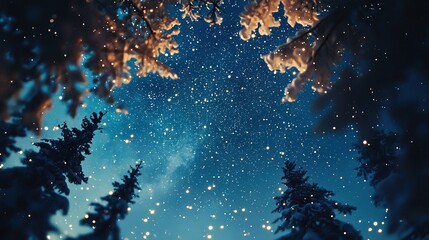 Wall Mural - the night sky, star-filled and vast, casts shadows of trees on its dark expanse