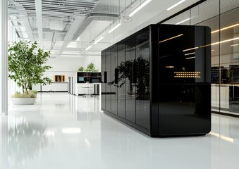 Poster - A data center featuring rows of blade server systems, shown as a 3D rendering image
