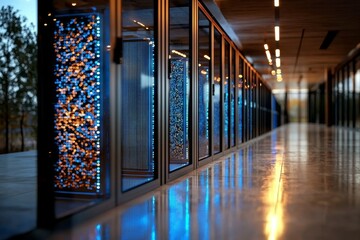 Poster - The concept of network and internet communication technology is represented by a data center interior featuring server racks equipped with telecommunication equipment in a server room