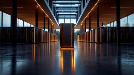 Poster - Image of a long corridor in a big data center filled with rows of rack servers and supercomputers