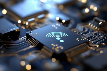 Poster - A 2D rendering of a WiFi symbol set against a cyber technology background