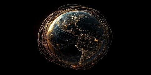 Poster - Global network connections are illustrated on a world map that incorporates satellite data